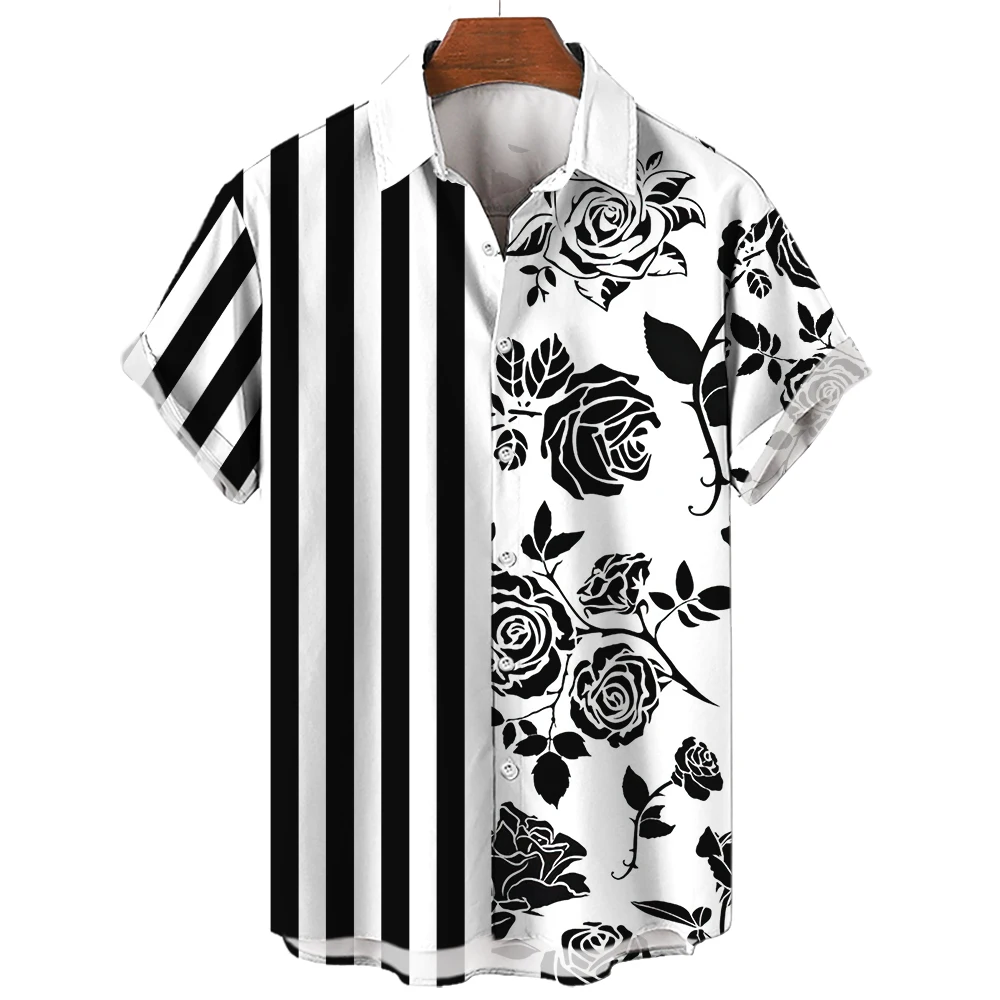 

New Men'S Shirt 3d Striped Floral Print Loose Oversized Shirt Men'S Clothing Beach Party Tops Daily Casual Hawaiian Short Sleeve