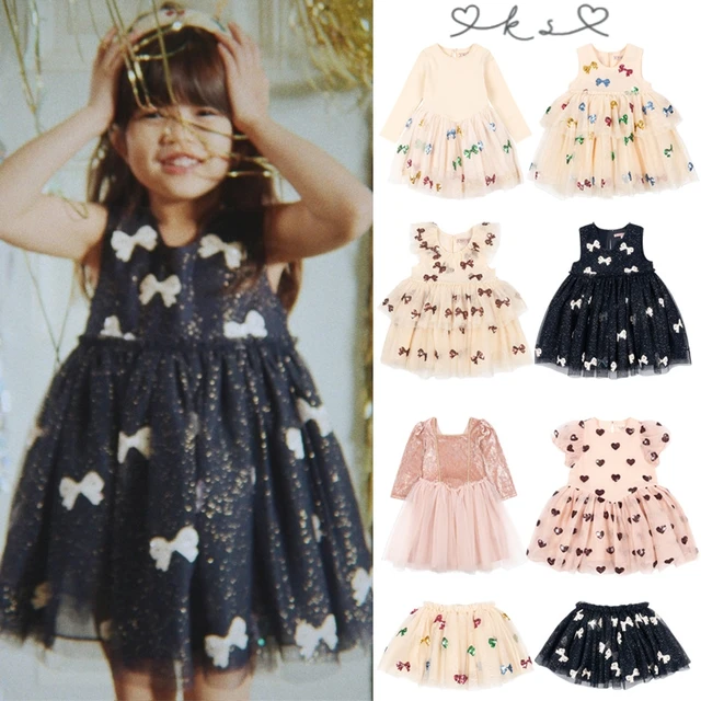 Robes de princesse pour bébés filles KS printemps 2026, vêtements pour enfants, robes à nœud papillon en maille à paillettes, nouvelles jupes pour enfants, robes de fête 1