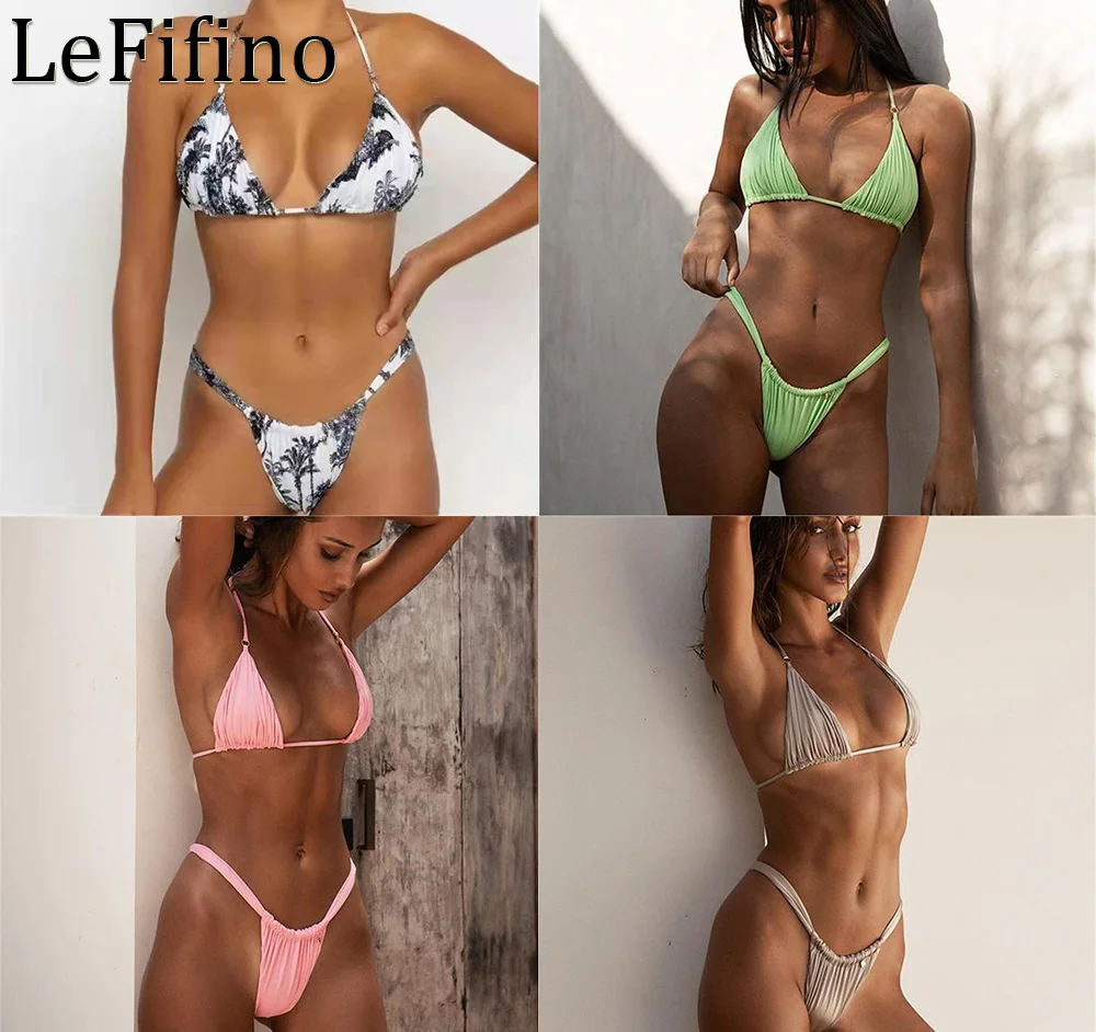 

Summer Fashion Printing Solid Color With Chest Pads Gathered Triangle Bikini Sets Split Body Seaside Vacation Swimwear For Women