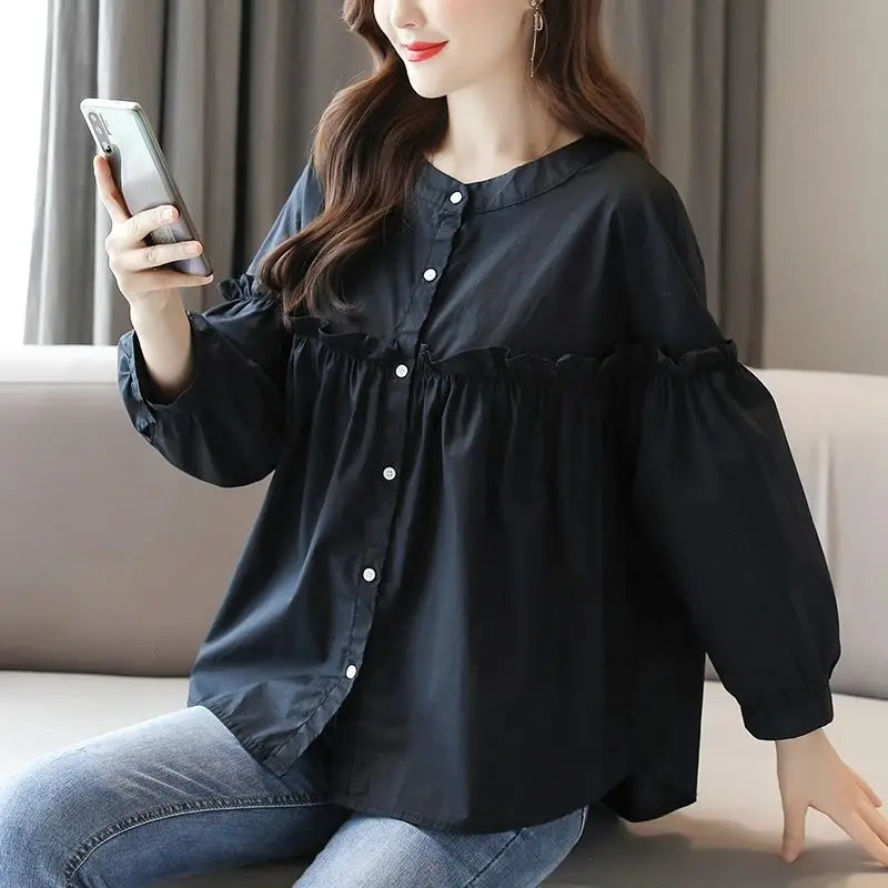 여성 용수철 라운드넥 쉬폰 인형 셔츠, 다용도 슬리밍 상의, 캐주얼 패션, 한국 버전, 어려 보이는, 여름 신상