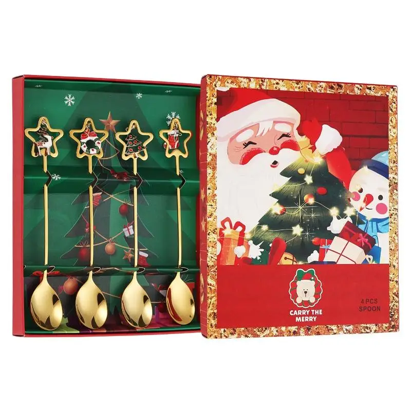 2/4PCS Christmas Coffee Spoons Set Gold Christmas Stainless Steel Spoon Dessert Spoon New Year Decoration For Tableware