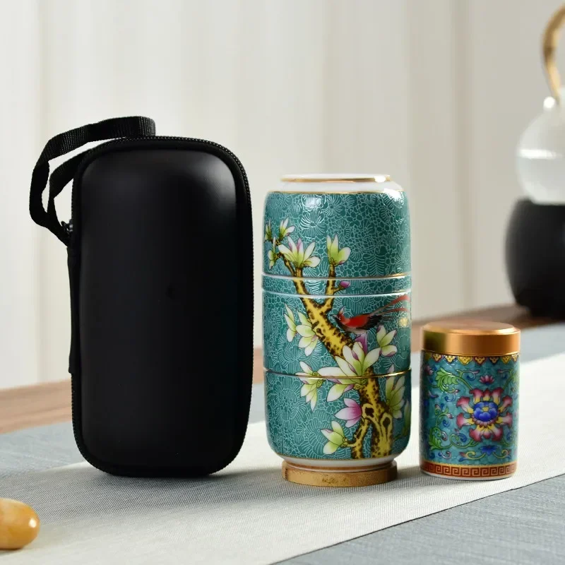 

Ceramic Chinese Enamel Color Tea Cup Creative Portable Travel Tea Set With Box Office Teapot Sealed Canister Drinkware Gift