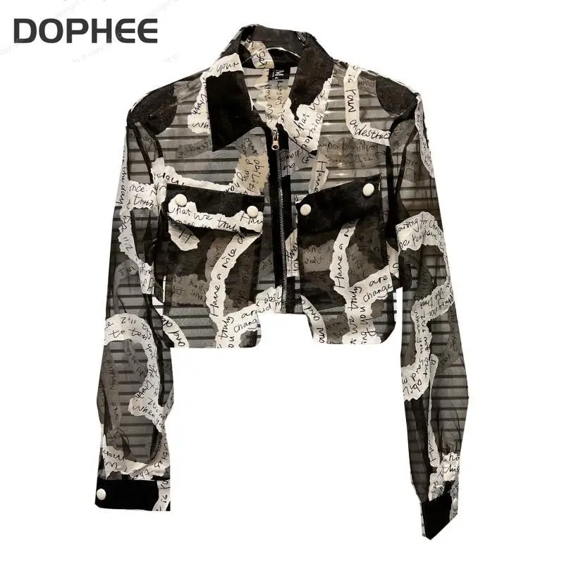 2022 New Summer Fashion English Alphabet Sheer Mesh Sunscreen Shirt Turn-down Collar Zipper Long-sleeved Thin Short Jacket Coat new women s sheepskin gloves thin unlined breathable mesh touch screen short leather gloves for riding and driving