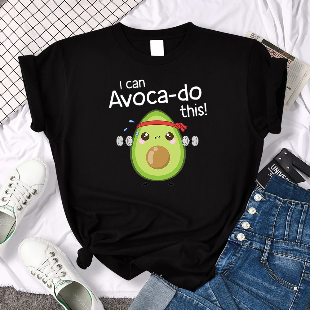 female T shirt Avocado for arm exercise I CAN DO THIS letter print topS women oversize kawaii Soft O-neck lady cozy slim clothes