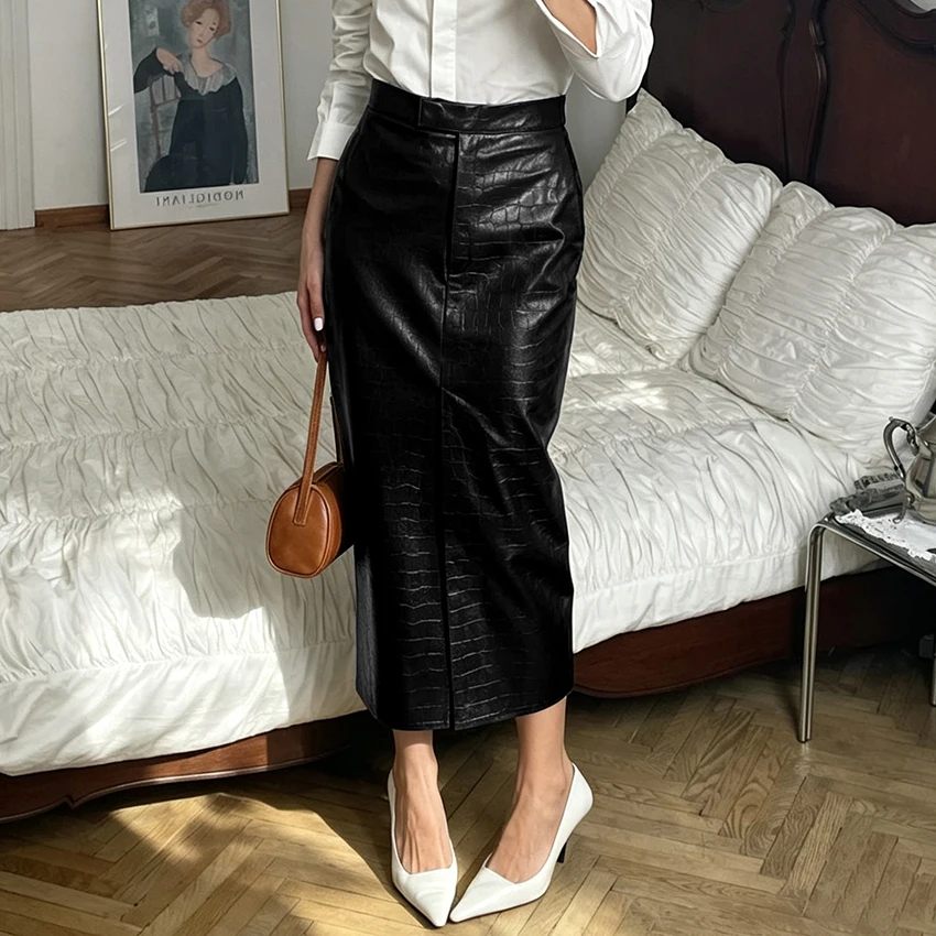 Linad Office Lady Brown PU Split Mid Calf Skirts Street Chic Slim Zipper Skirts Women 2026 Vintage High Waist Straight Skirt