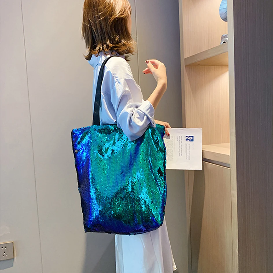 

Double-sided Glitter Shopping Bag Women Fashion Sequin Shoulder Bag Large Capacity Travel Bag Bright Handbag Shiny Tote Bags