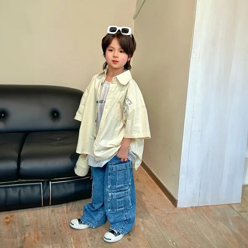 아동용 순면 반팔 셔츠, 얇은 스타일, 한국 캐주얼 탑 2024, 남아용 여름 의류, 신상