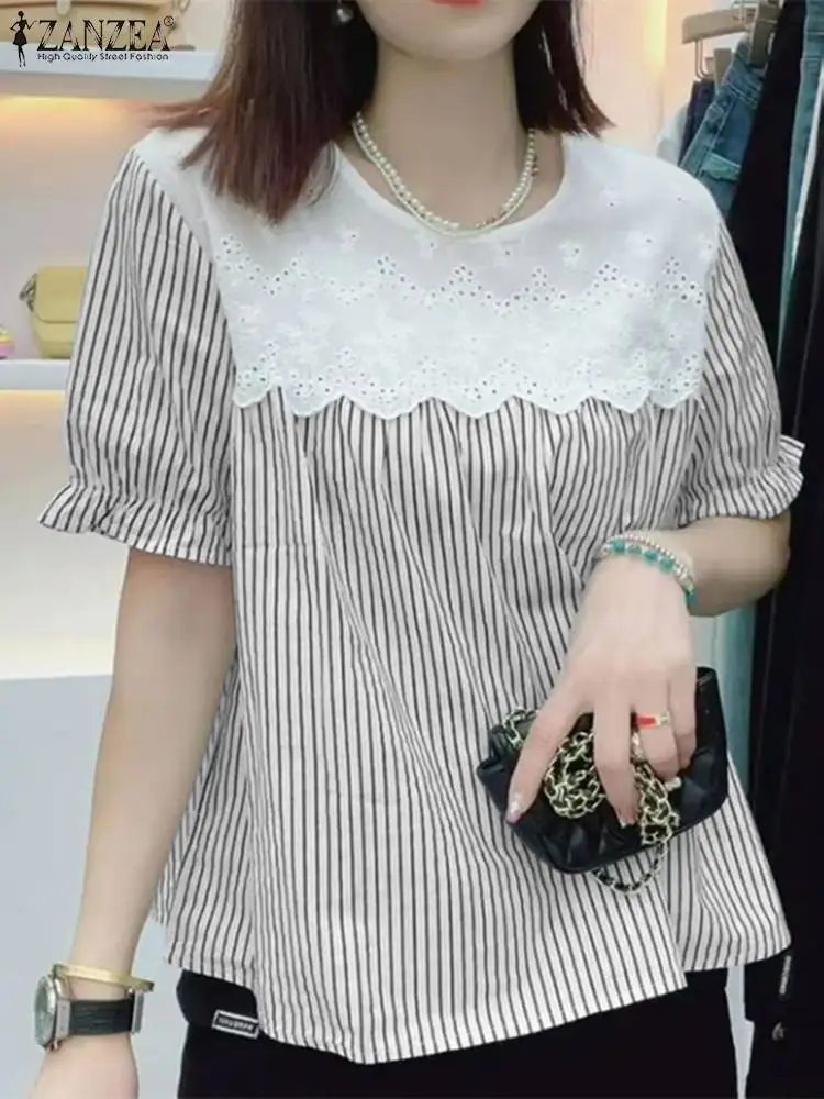

Женская кружевная рубашка в стиле пэчворк, модная летняя полосатая блузка ZANZEA с коротким рукавом, женские праздничные топы, туника, рабочие блузы