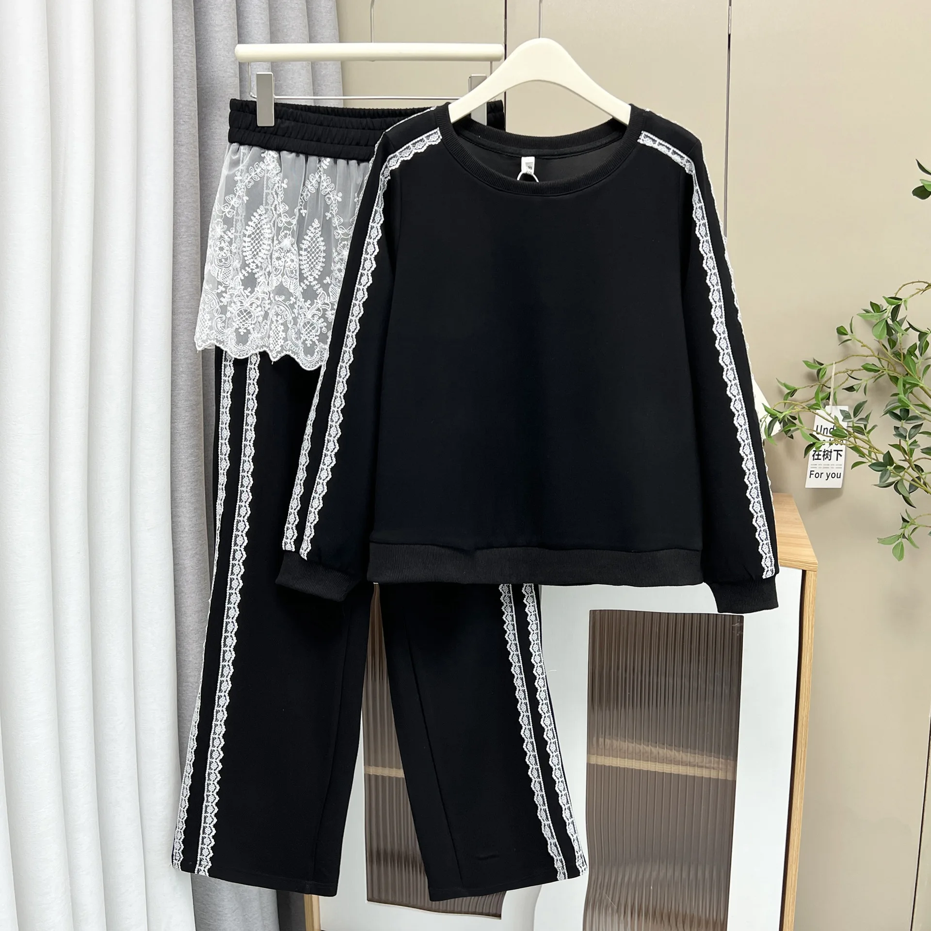 XXXXL Fashion Plus Size Women's Sets 2025 Autumn New Casual Lace Patchwork Hoodie And Straight Leg Long Pants Two Pieces Set