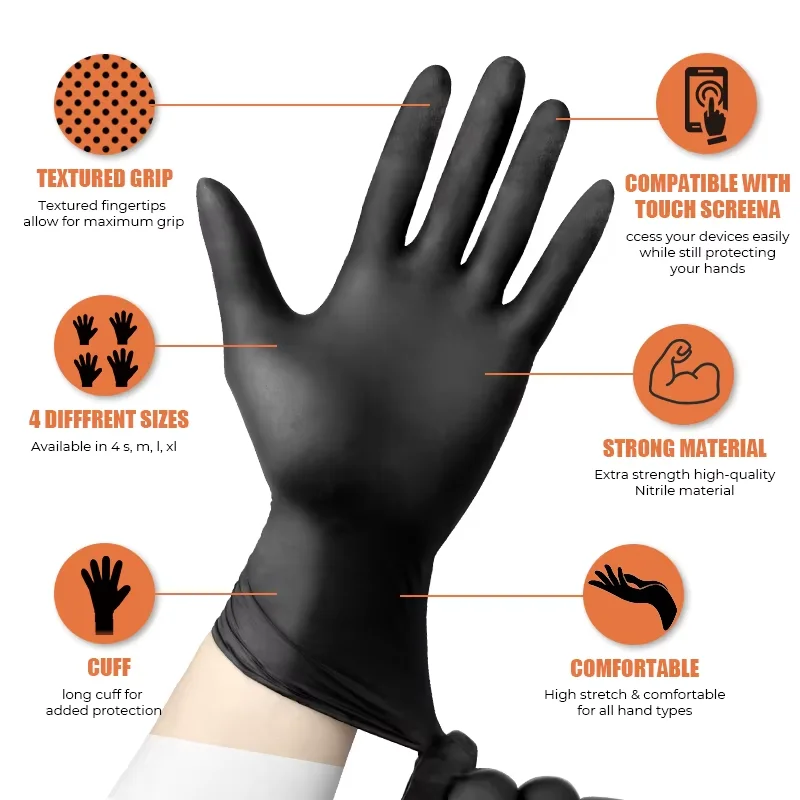 Description Picture 3 of item50/100PCS Black Nitrile Disposable Gloves Non-Sterile Texture Kitchen Cleaning Gloves Tattoo Esthetician Hair Dye Nail Gloves