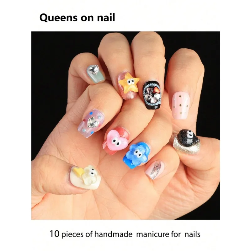 

10 Pieces Handmade press on Nails Ballet Style Fake Nails/Smudged/Multi-Color/3D Love Stars/Flash Diamonds/Stripes/Polka Dots