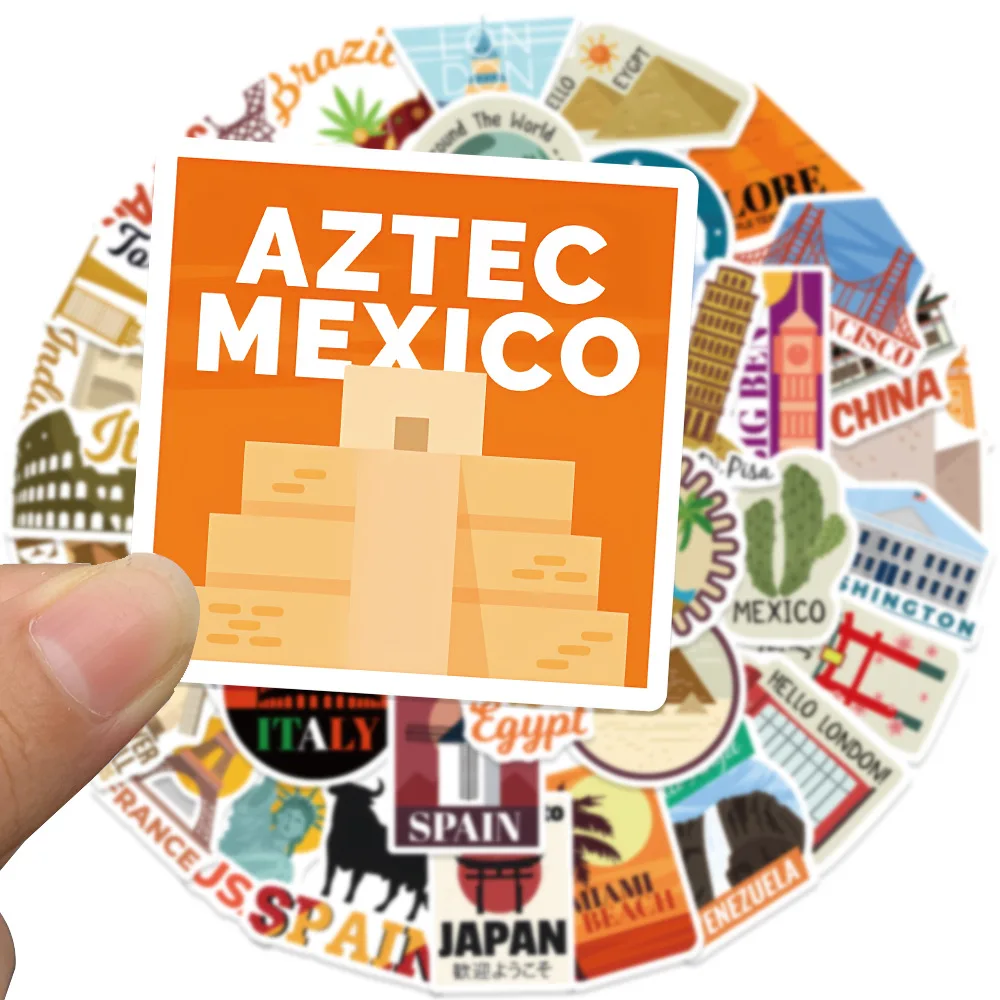 50PCS 세계 도시 랜드마크 낙서 스티커 전화기 기타 노트북 여행가방 컵 방수 스티커 데칼 어린이 장난감