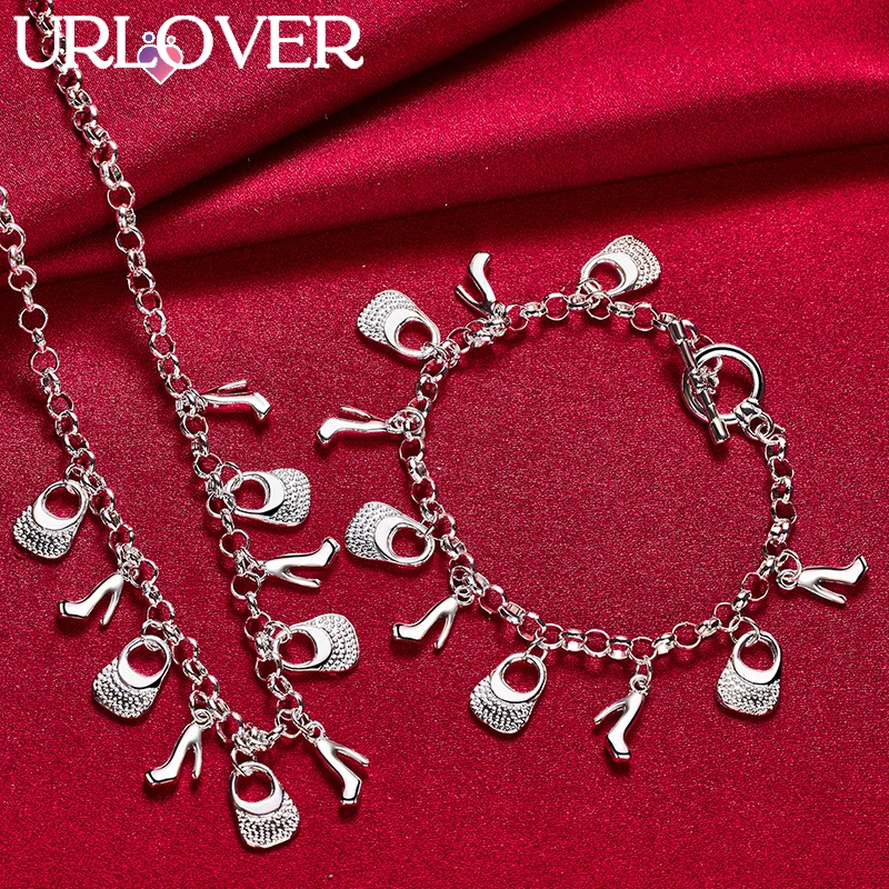 

URLOVER 2pcs/lot 925 Sterling Silver Bag/High Heels Pendant Chain Necklace Bracelets Set For Woman Party Wedding Fashion Jewelry