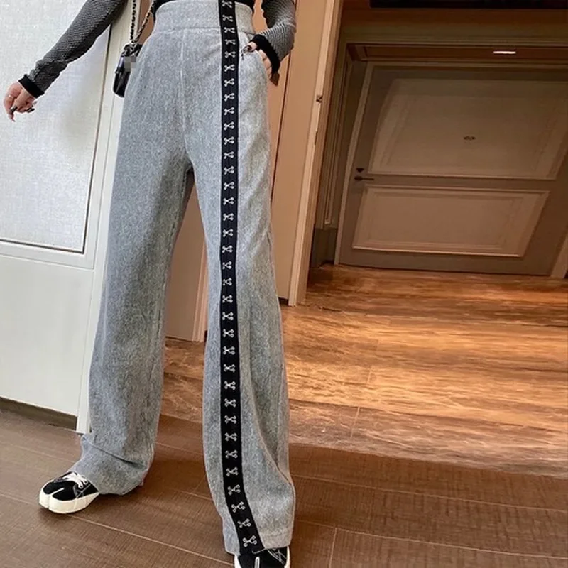 

Thick Loose Straight Broad-legged Pants Women's Autumn and Winter 2023 Gray Striped Sweatpants Casual Trousers Harajuku Sporty