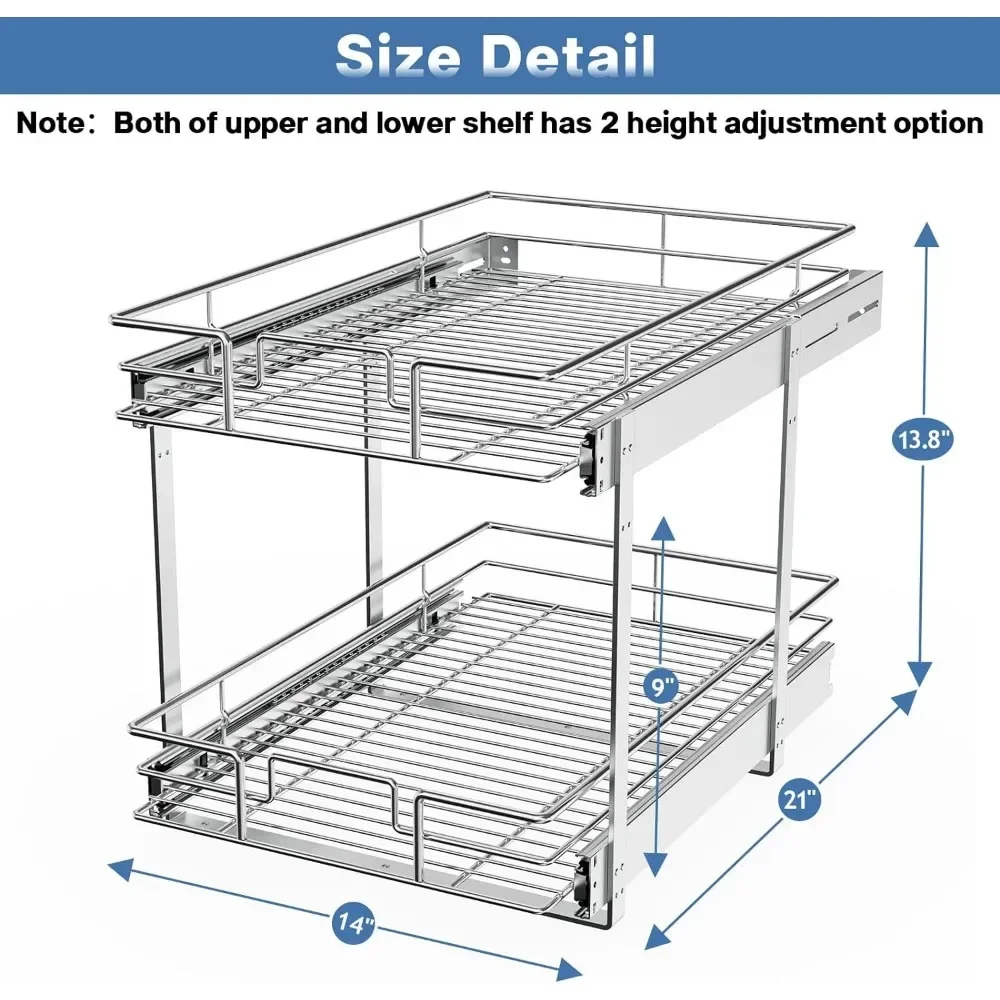 2 Tier Individual Pull Out Cabinet Organizer 14" W x 21" D, Slide Kitchen Storage Sliding Shelves easy install