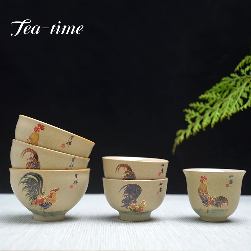 Antique Pottery Ceramic Teacup Hand Painted Cock Tea Cup Travel Portable Tea Bowl Pu'er Master Cup Chinese set Accessories