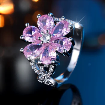 Trendy Pink Zircon Crystal Flower Vintage Silver Color Wedding Bands Engagement Rings For Women Men Minimalist Jewelry 1