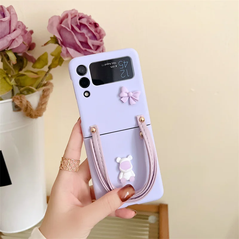 

Чехол для телефона с милым медведем и орнаментом для Samsung Galaxy Z Flip 4 Z Flip 3, Жесткий Чехол, милый однотонный чехол с ремешком на руку, задняя крышка