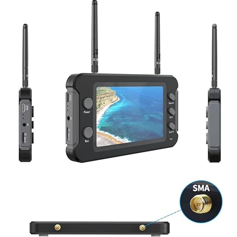 Vue arrière du moniteur FPV 5.8G 40CH DVR 4.3 Pouces montrant les ports et la batterie intégrée.