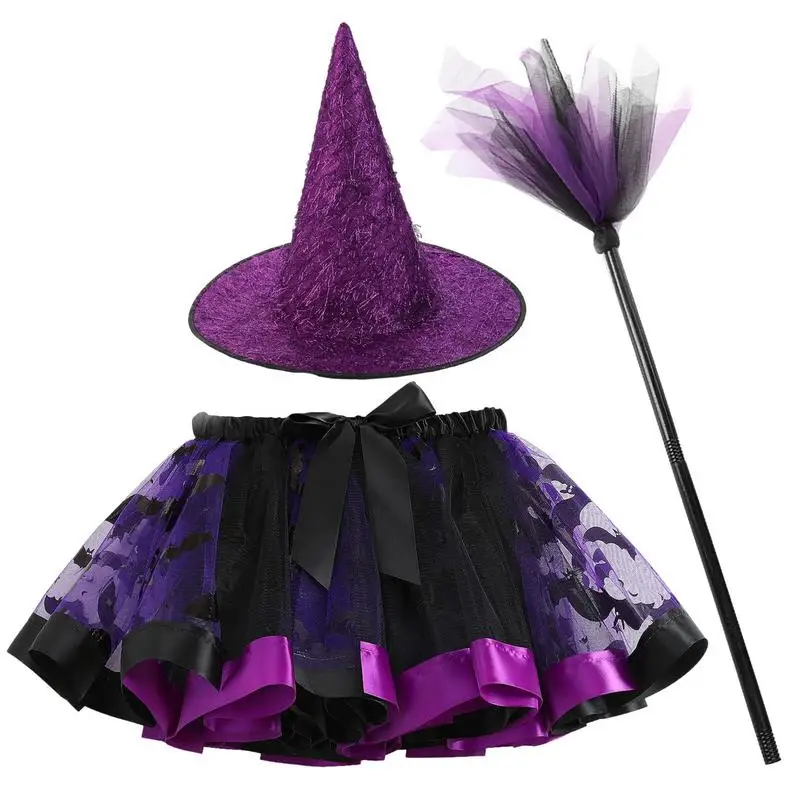 Kids Halloween Witch Costume Girls Dress Up Halloween Costume Carnival Party Props Mesh Ballet Tulle Dance Dress+Hat+ Broom Set