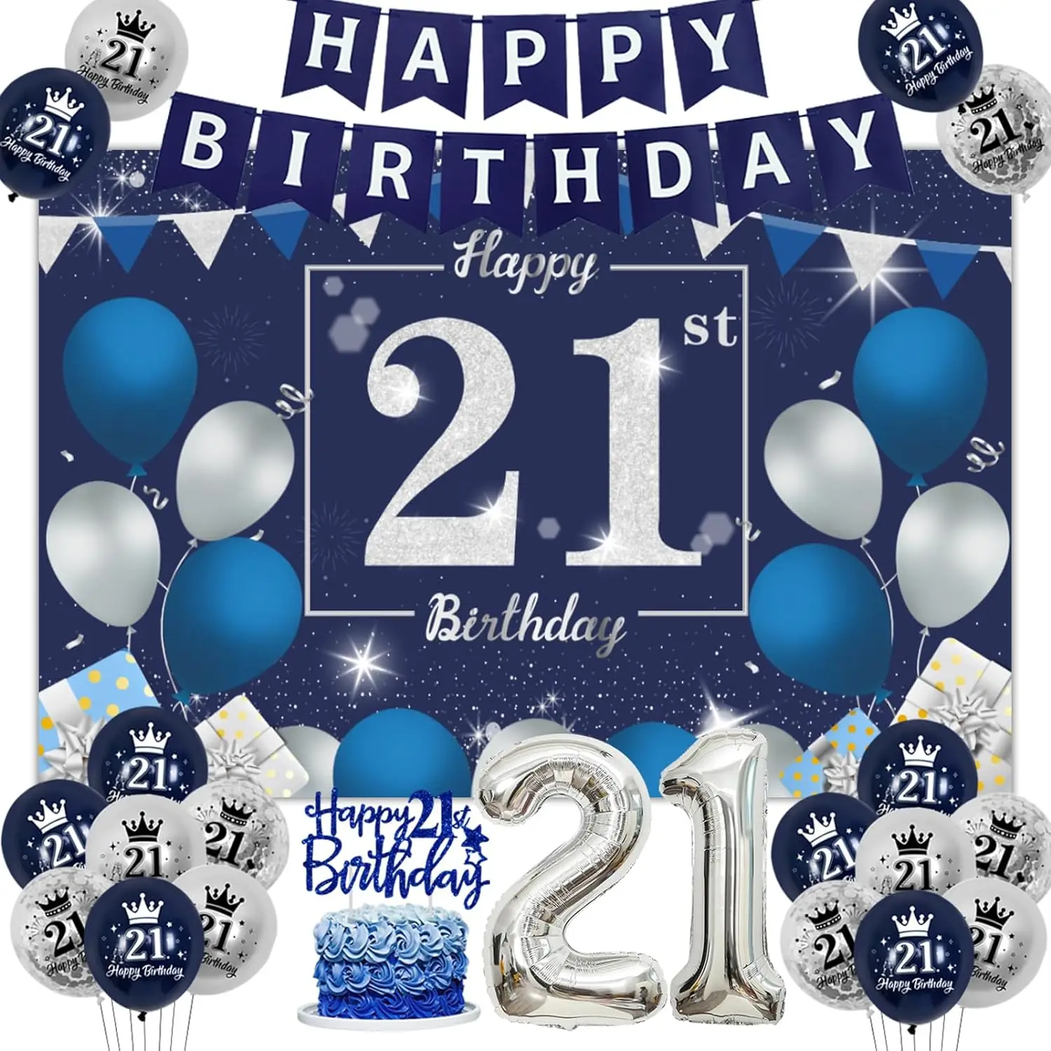 

Happy 21st Birthday Party Decor Backdrop Banner for 21 Years Old 21th Cake Topper Number 21 Balloon for 21st Anniversary Party