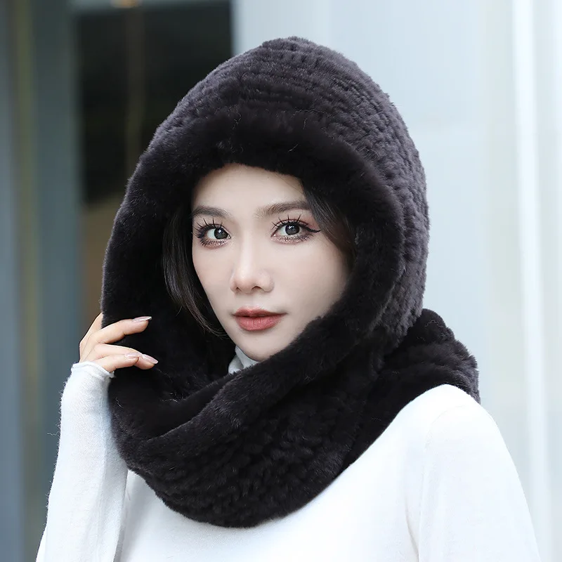 Hat Women New Knitted Real Rex Rabbit Fur Hat Hooded Scarf Winter