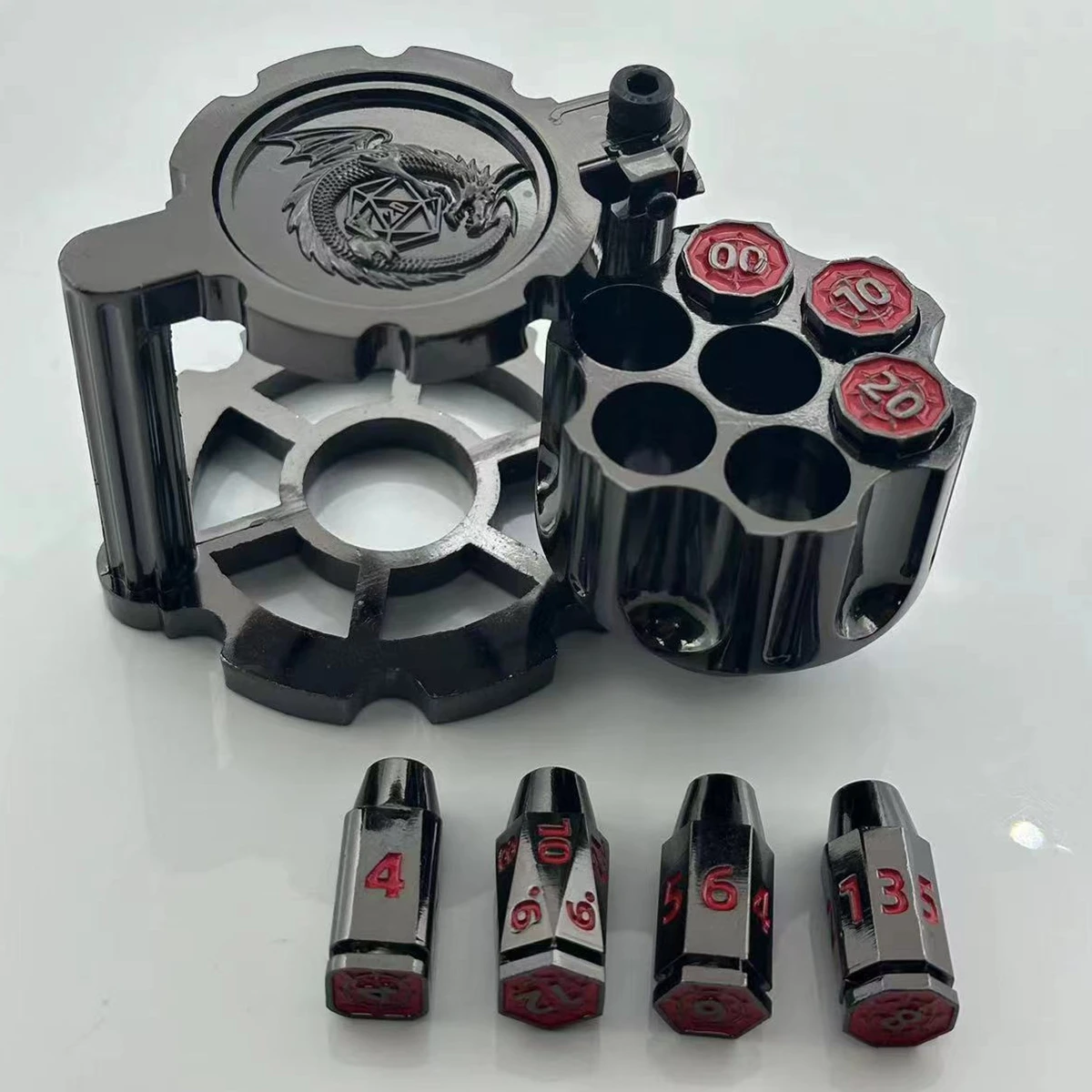 MetalPolyhedralBulletDiceSetwithSpinningWheelCylinderContainer