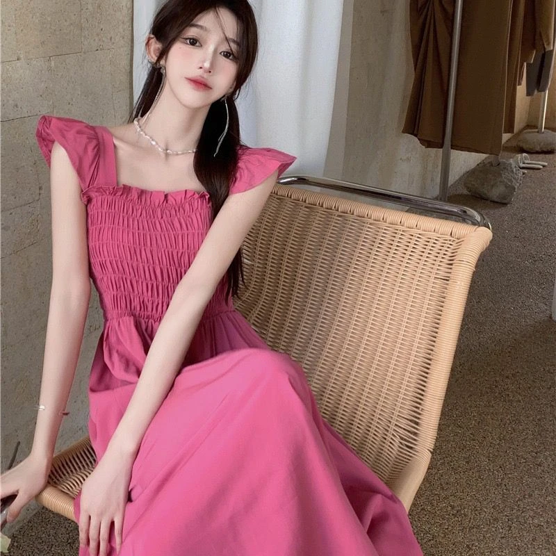 

Summer New French Style Small Flying Sleeves Pleated Waist Dress Hepburn Style Square Neck Tea Break Mid length Dress