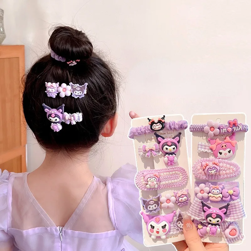 

Sanrio Kuromi Children's Hair Rope Girls Cute Bangs Broken Hair Clip Cartoon High Elastic Beautiful Decorative Girl Gift Set