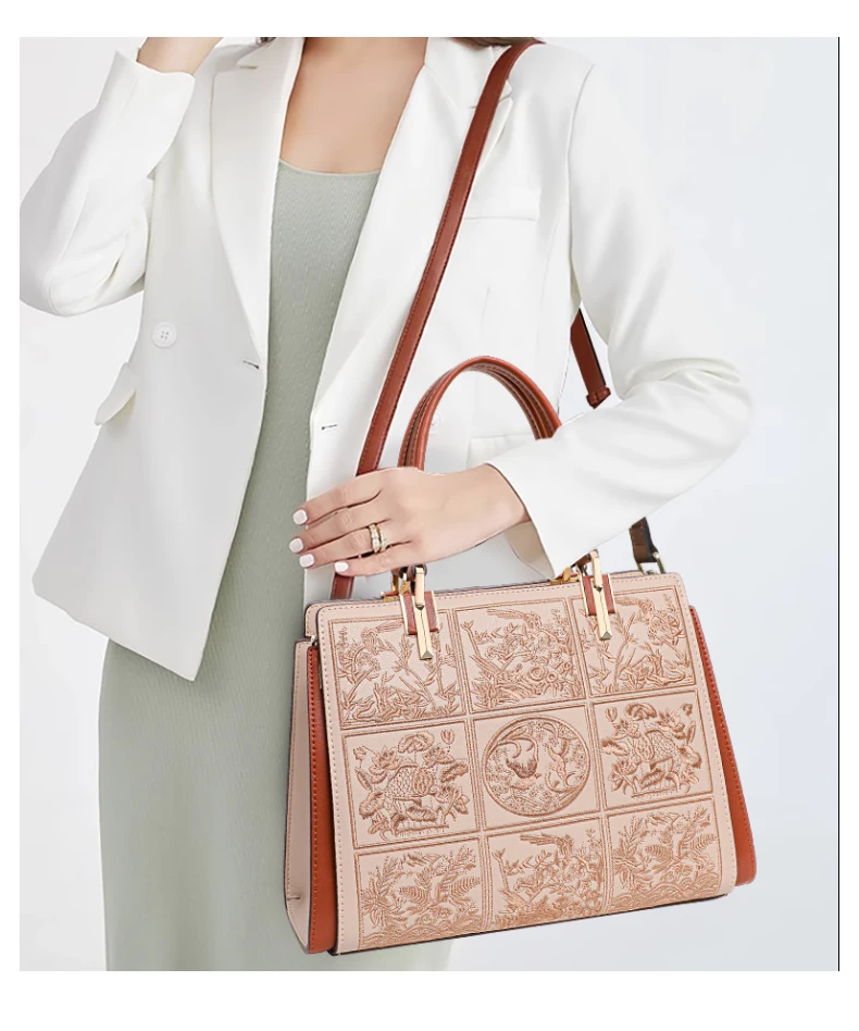 Neue beige bestickte Handtasche aus Rindsleder für Damen mit Blumen- und Vogelmuster, abnehmbarer Schulterriemen, tägliche Büro-Umhängetasche – Detail 3