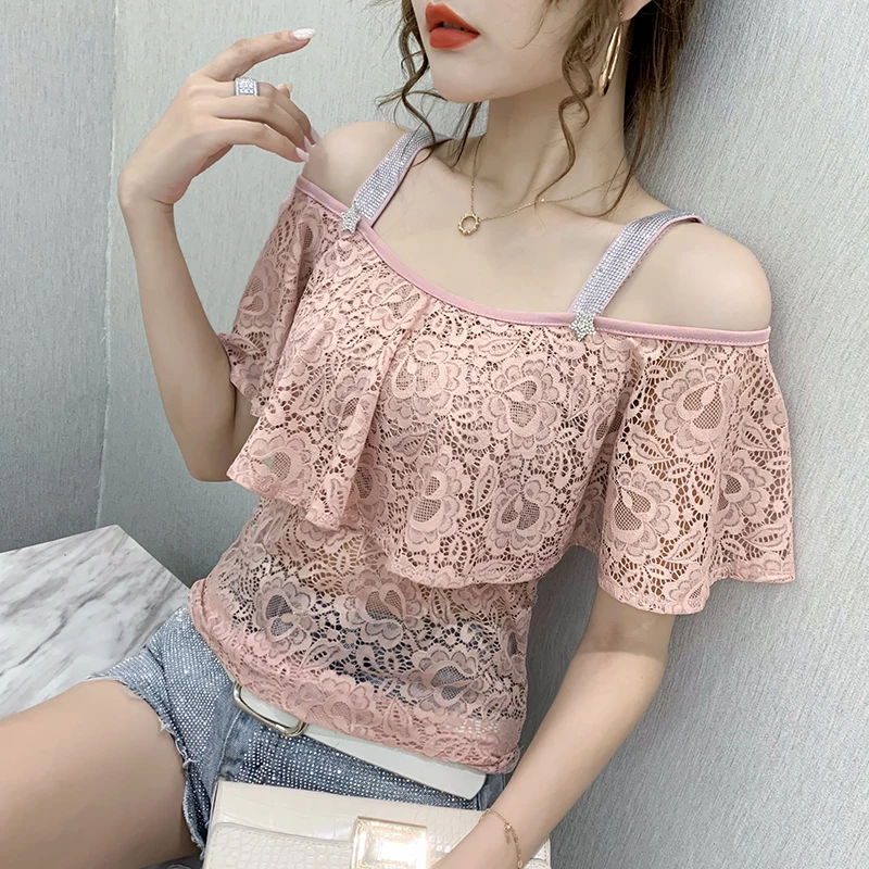 

2024 New Summer Lace T-Shirt Sexy Off Shoulder Hot Diamond Slim Bottoming Tops Women Short Sleeve Tees