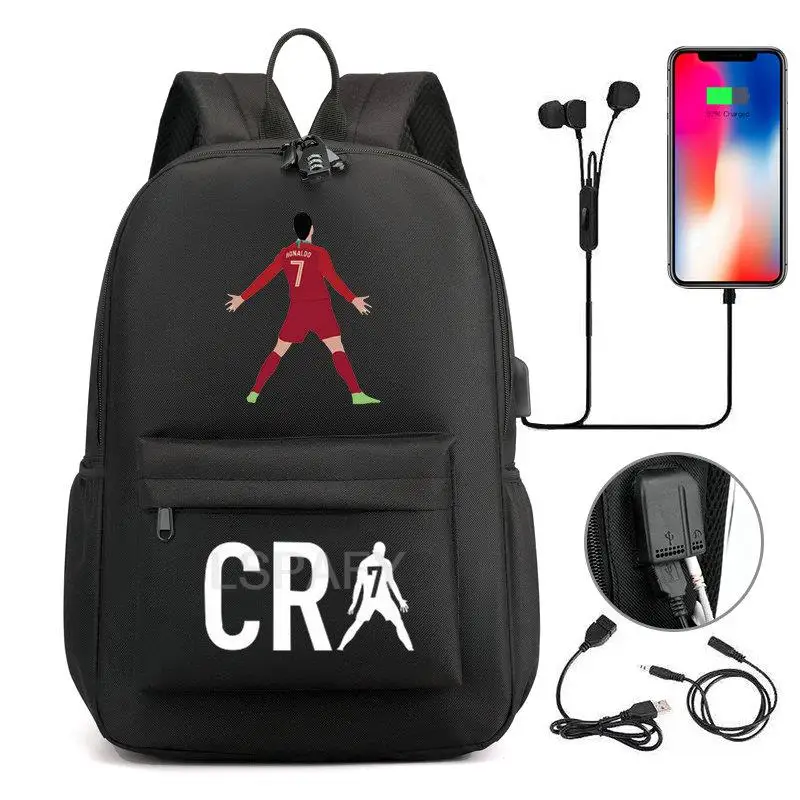 Cr7 mochila adolescentes meninas meninos porta usb lona mochila cr7 estudantes saco de livro capacidade viagem infantil