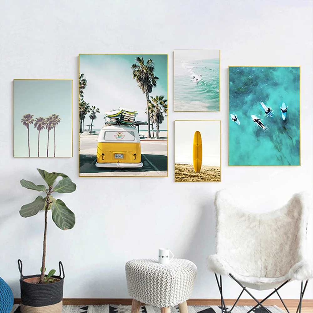 

California Beach Surfboard Canvas Painting HD Prints Coastal Coconut Tree Landscape Wall Art Set Posters Living Room Home Decor