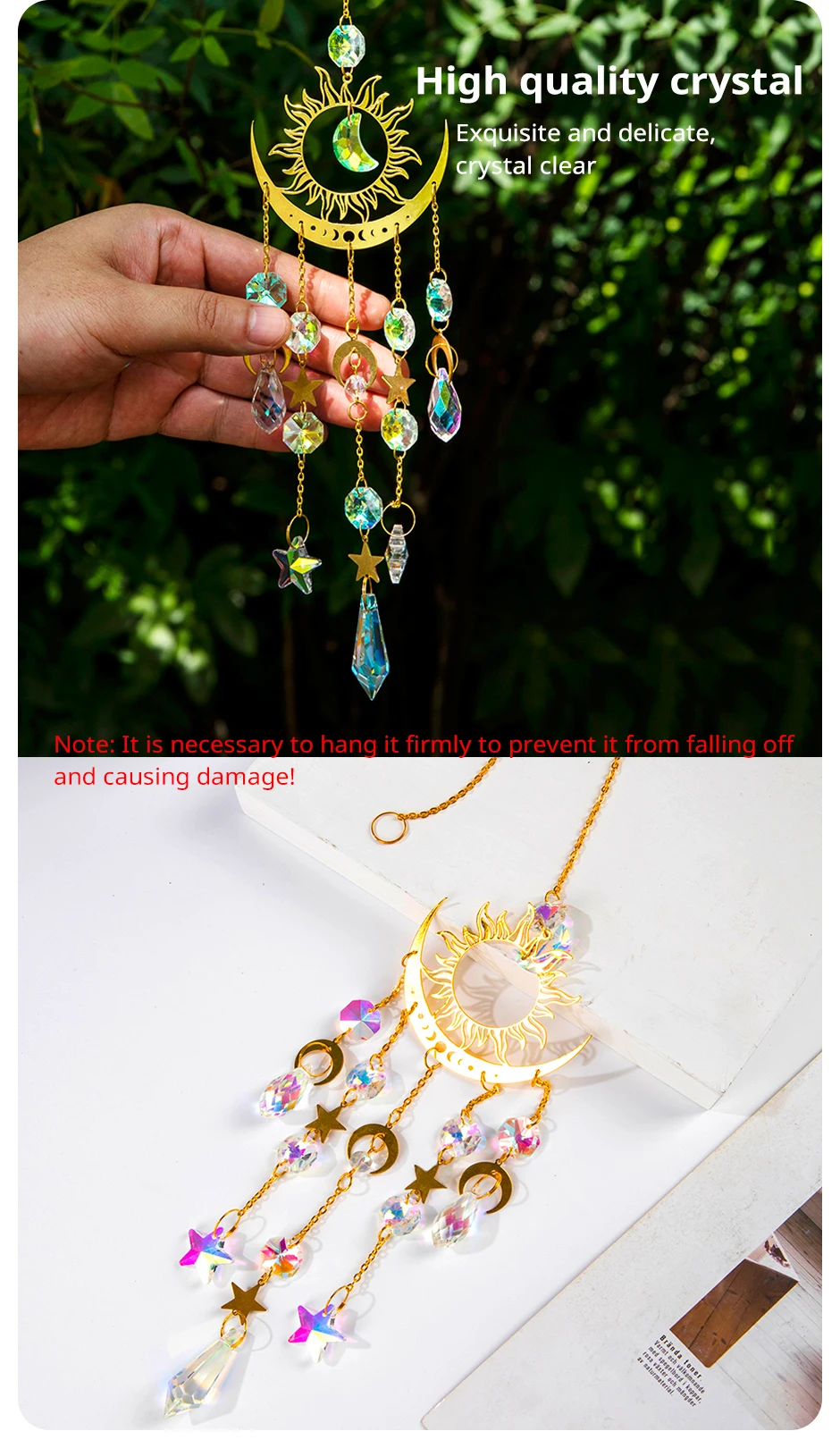 Description Picture 5 of item1 Pc Gold Star Moon Outdoor Lighting Crystal Wind Chime Hanging Garden Sun Catcher Holiday Wedding Party Decoration Supplies