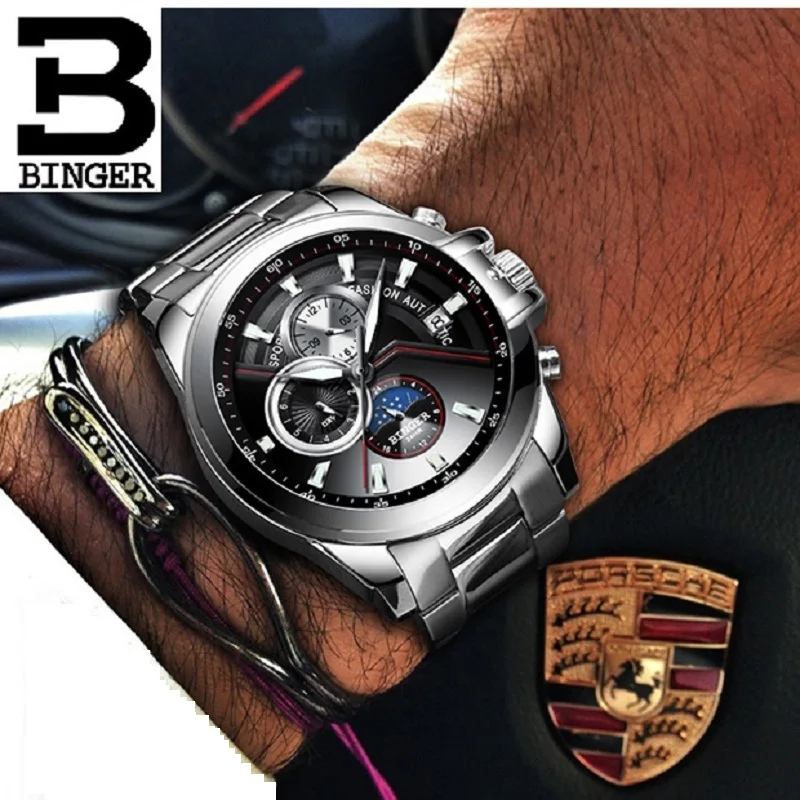 

Binger Top Brand For Men Business Automatic Wristwatches Sports Mechanical Coated Glass Moon Phase Chronograph Relogio Masculino