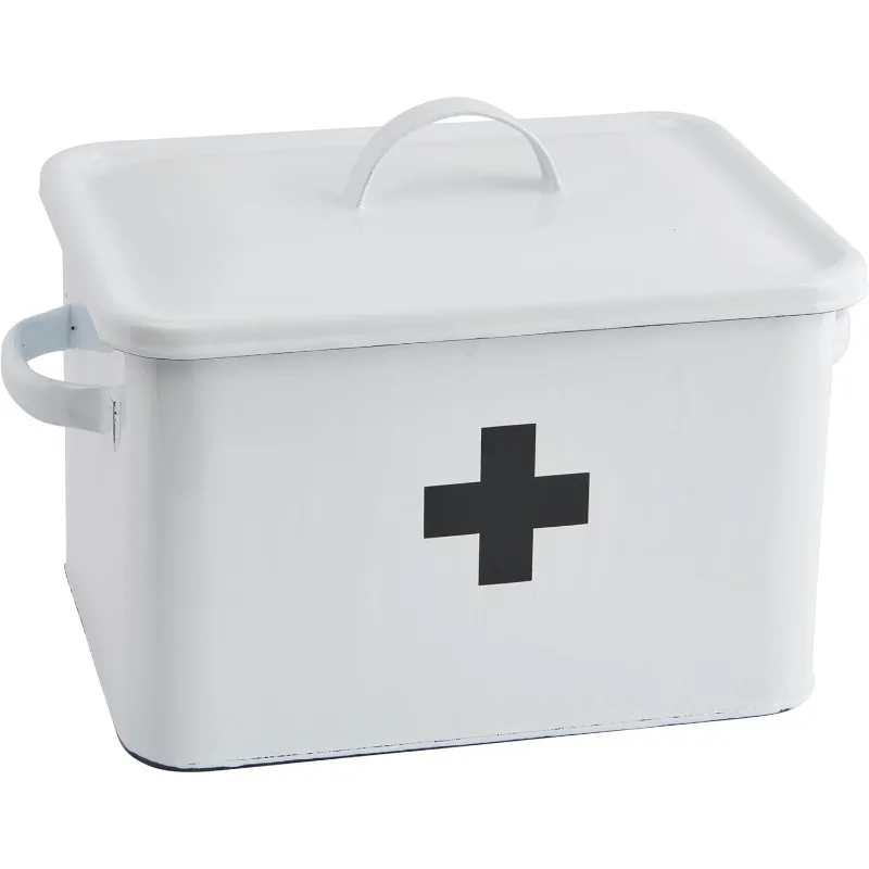 

Creative Co-Op Vintage Decorative Enameled First Aid Box with Lid and Swiss Cross, White and Black