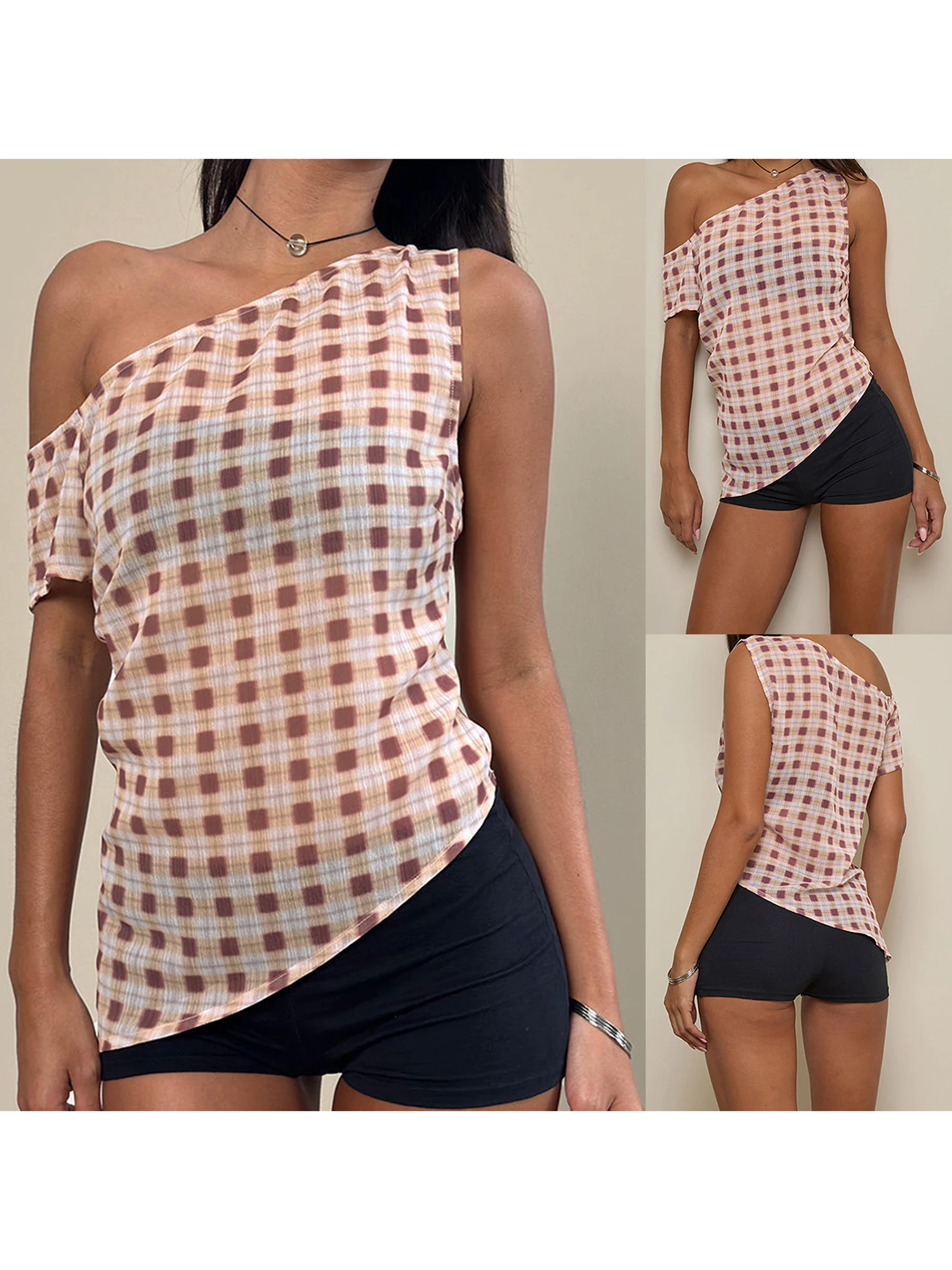 Women s Plaid One Shoulder Tank Top with Irregular Hem - Stylish Sleeveless Vest for Casual Wear