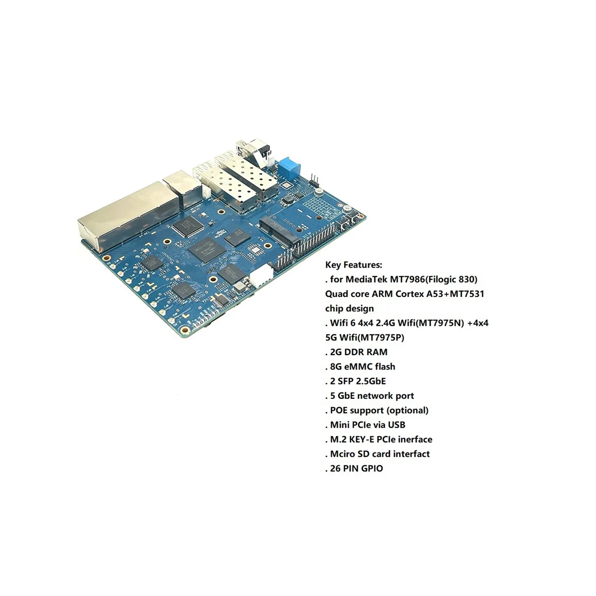 

For Banana PI BPI-R3 MT7986 2G+8G EMMC 2 SFP 2.5GbE 5GbE Router Development Board+Heat Sink+Antennas+Power Cable US Plug