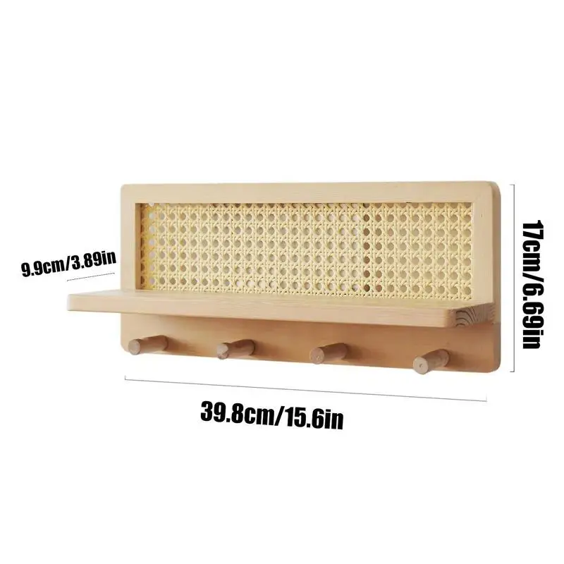 Rattan Wall Shelf Hangable Wooden Boho Shelves Wall Hook Farmhouse Decoration Rustic Wall Organizer Book Shelves with Hooks