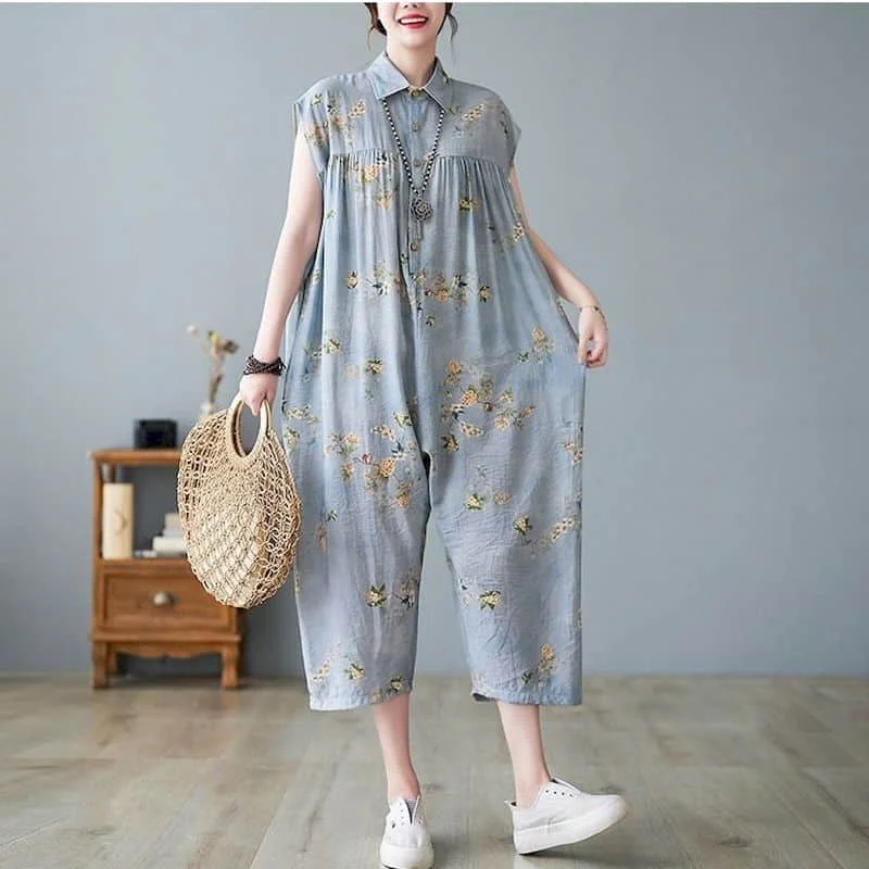 

Floral Jumpsuits for Women Sleeveless Casual Literary Polo-neck Playsuits Loose One Piece Outfit Women Calf-Length Lantern Pants