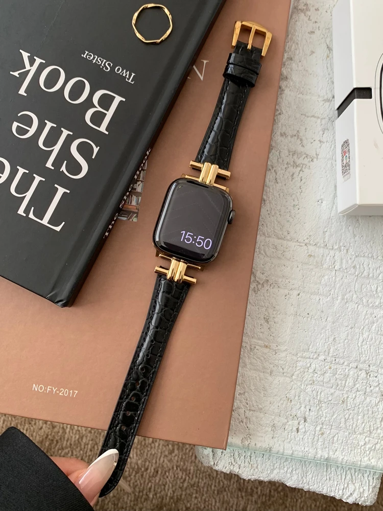 

Luxury Gold Metal Real Leather Band For iWatch Series 8 7 6 5 4 3 SE Women Slim Strap For Apple Watch 40mm 41mm 38mm 45 42 44 49