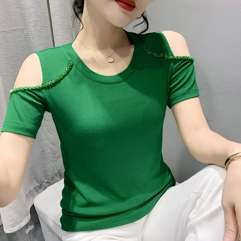 

New 2022 Summer Women's T-Shirt Fashion Casual Short-Sleeved Solid Color Off The Shoulder Diamond Tops Feamle Blusas