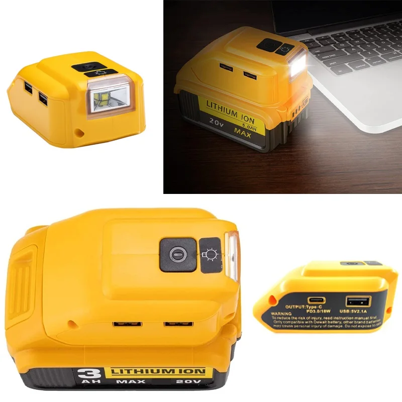 Substituição Adaptador de Bateria Dcb090 Fonte de Alimentação para Conversor Dewalt 20v Max 18v Dual Usb dc 12v Tipo-c Led Luz de Trabalho - Image 2