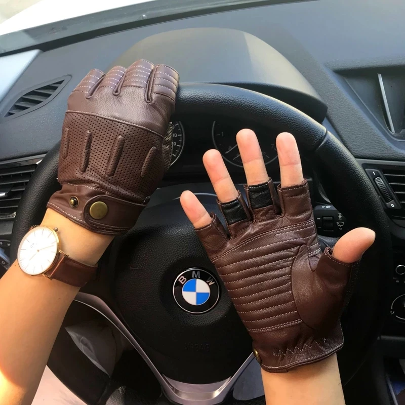 

Man Goatskin Half Finger Glove NEW Autumn Mens Motorcycle Leather Gloves Male Semi-Fingers Non-slip Breathable Driving Mitten