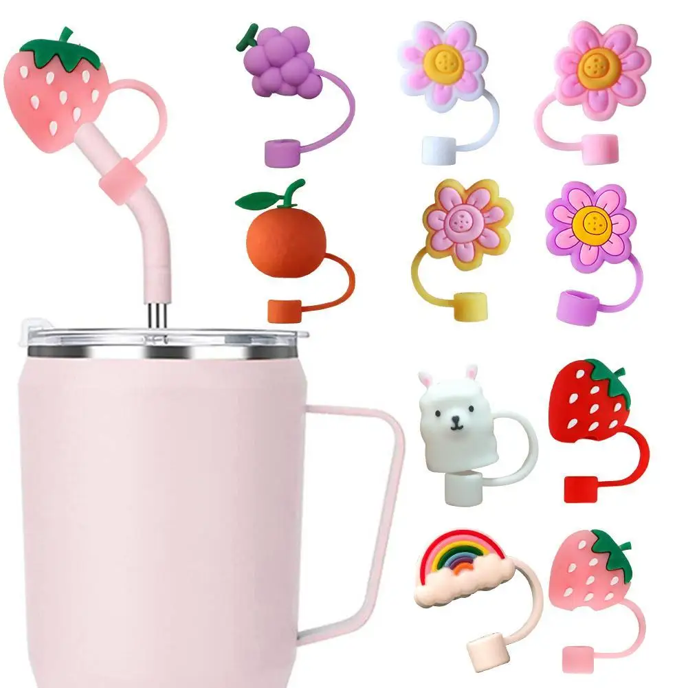 Cute Strawberry Straw Covers For Stanley Tumbler Cups Kawaii Silicone Straw Toppers Dust-Proof Protector Cap For 10mm Straws