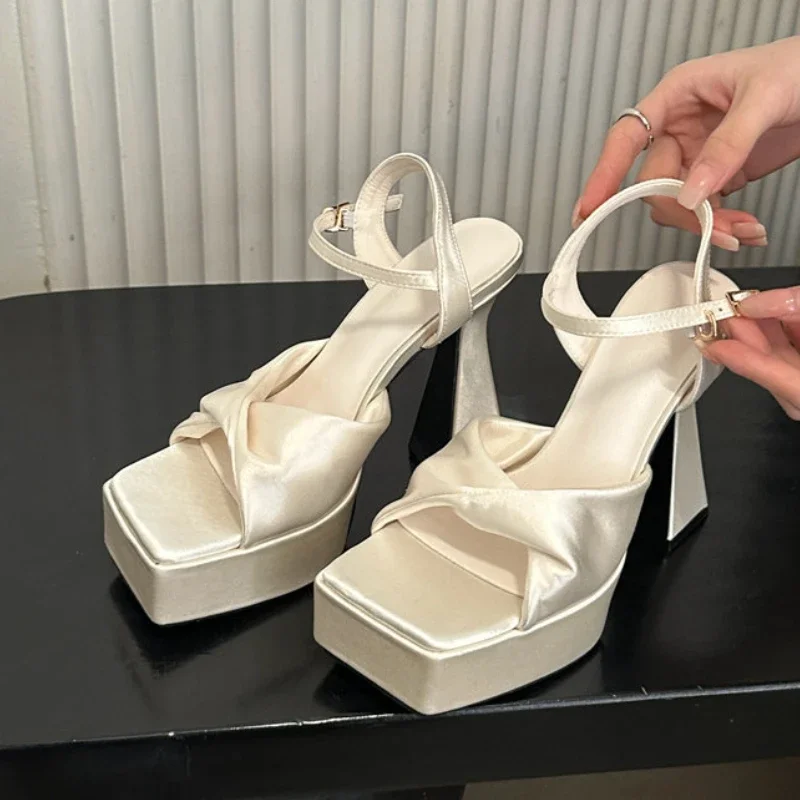 Silk Luxury Platform Sandals for Women Open Toe Sexy Party Dress Wedding Shoes Fashion Slingback Luxury Brand High Heels Female