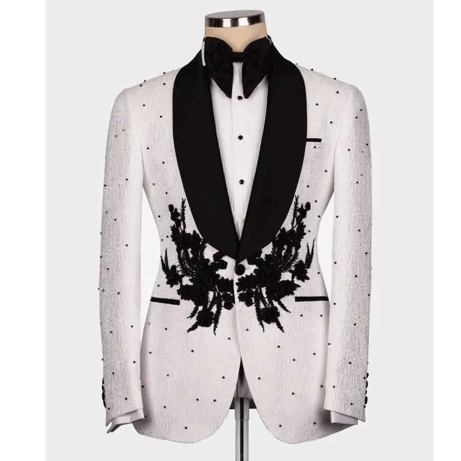 Luxury Wedding Tuxedo White Formal Groom Men Suits 3pcs Slim Fit Appliques Crystals Tailored