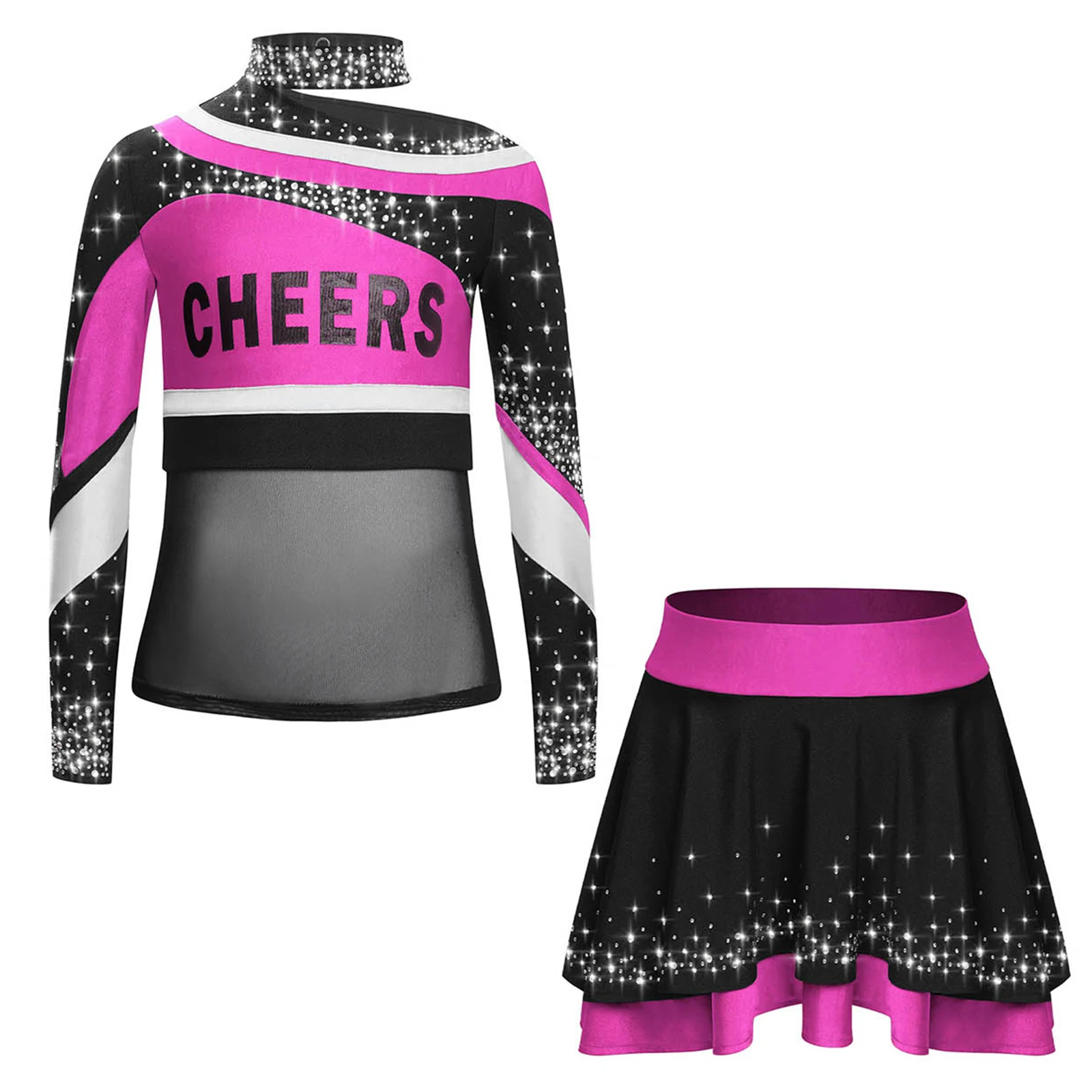 Cheerleading-Outfits für Kinder und Mädchen, Cheerleader-Tanz-Performance-Kostüm, langärmlig, mit Buchstaben-Aufdruck, glänzendes Strass-Oberteil mit Rock – Detail 4