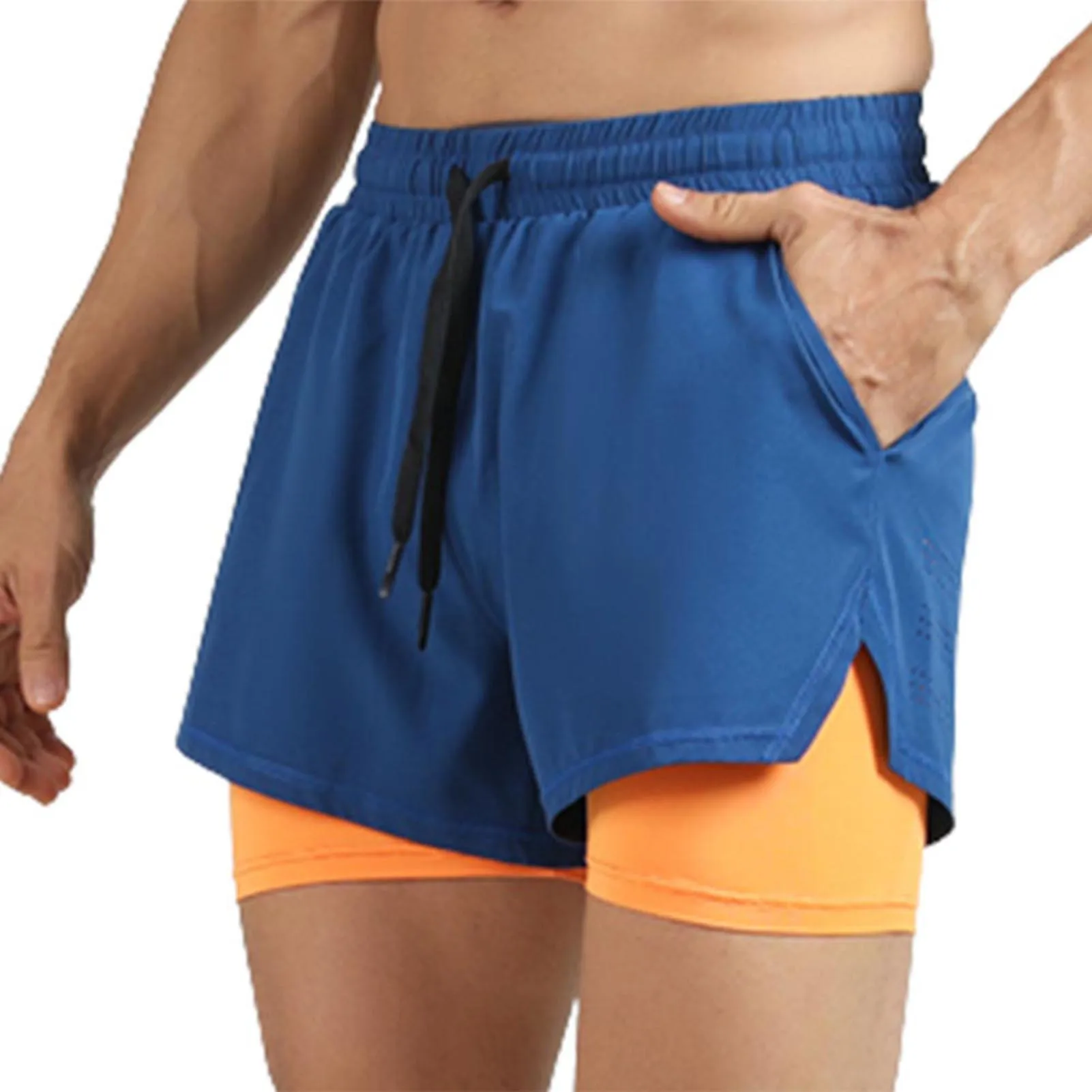Men's Double Layer Sport Shorts With Zip Pocket Breathable Quick Drying