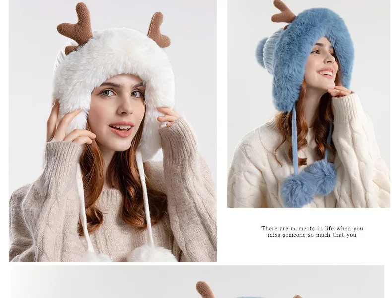 Cappelli invernali caldi lavorati a maglia, da donna, con corna di cervo, due palline, con paraorecchie, in peluche, spessi e soffici, in pelliccia_voghion.com